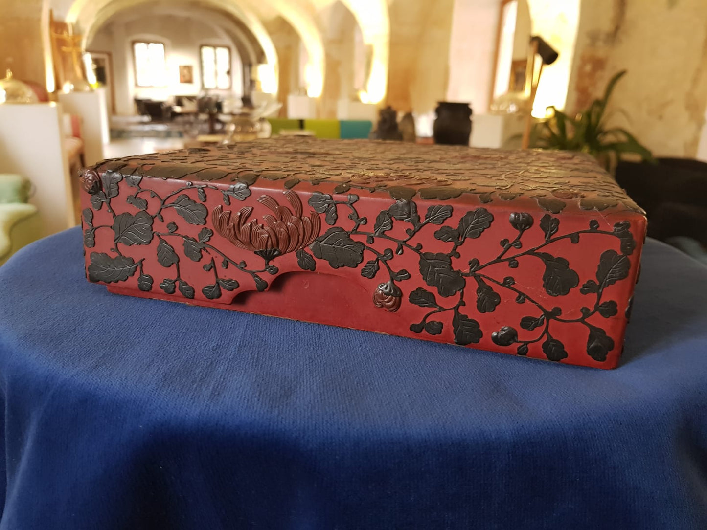 Antique Japanese Red Lacquer Box with Raised Floral Design, 19th Century