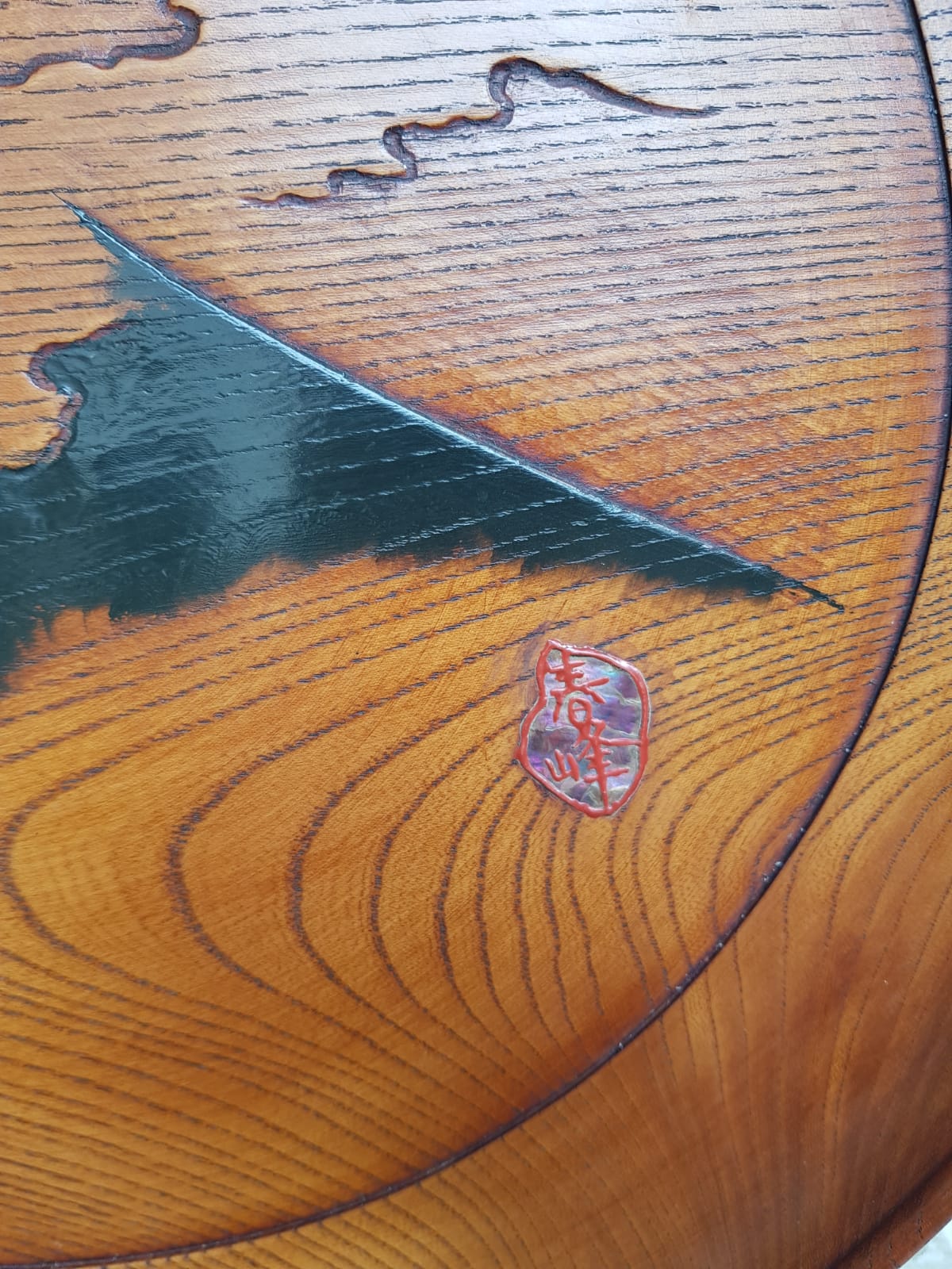 39cm Vintage Japanese Hand-Carved Zelkova Wood Tray – Mt. Fuji Motif, 20th Century