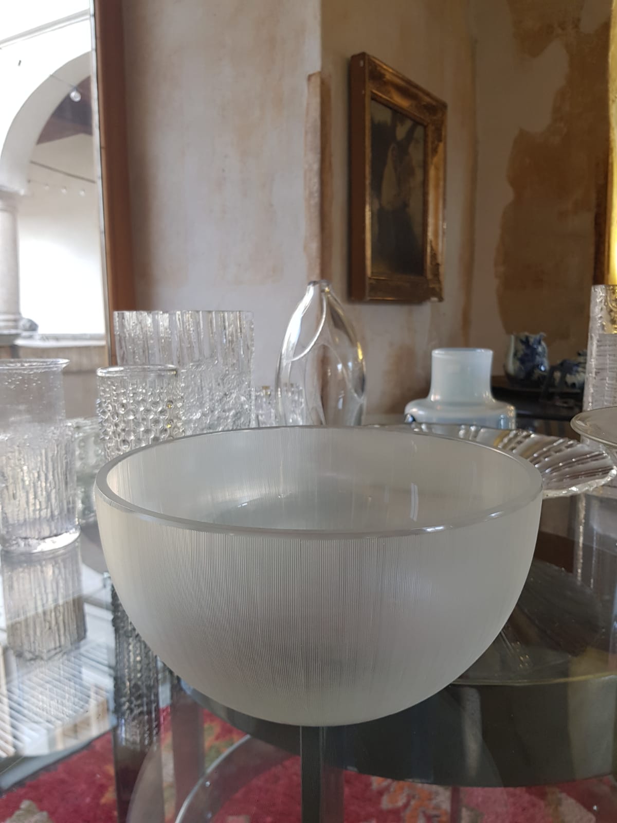 Large Vintage Ribbed Frosted Glass Bowl, Mid 20th Century
