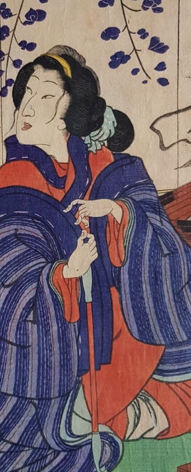 Utagawa Kunisada, Antique Woodblock Print, Ukiyo-e, "Lady in bue kimono", Edo Period