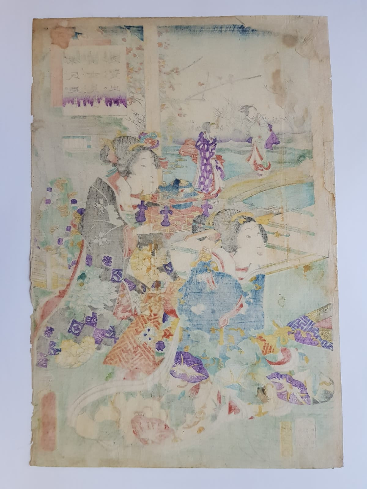 Toyohara Kunichika, Two Beauties in Spring Garden with a Pond, 1864, Edo Period