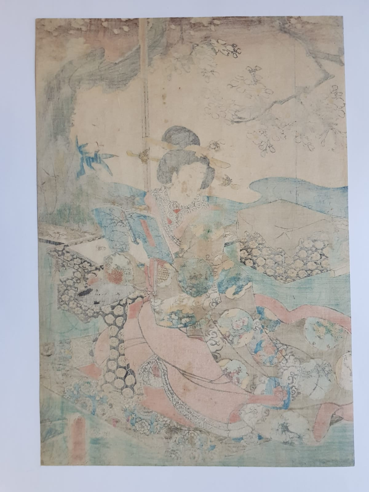 Utagawa Kunisada, Antique Woodblock Print Ukiyo-e, "Reading Woman Beneath Flowering Cherry Blossoms", 1855, Edo Period