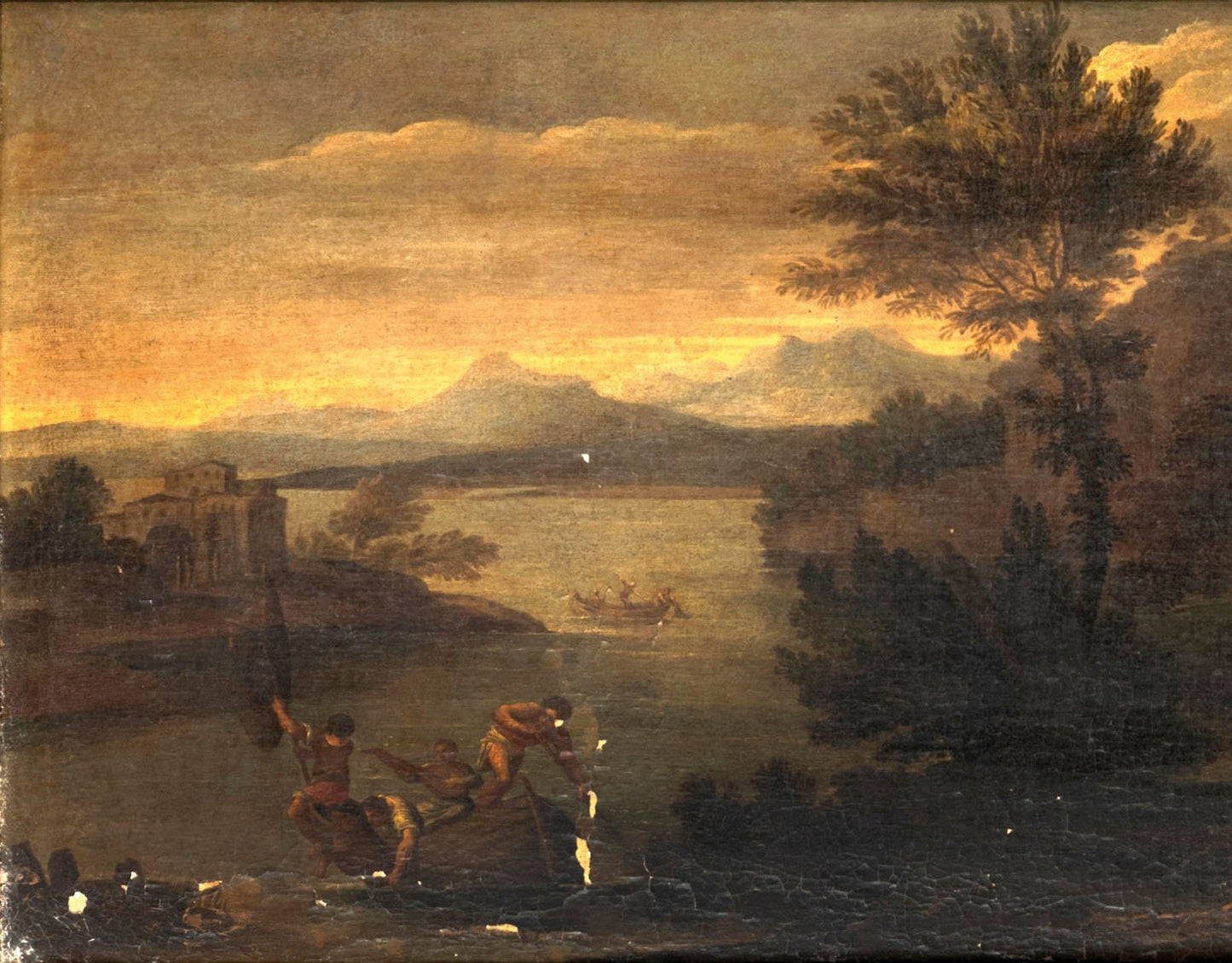 Manner of Domenico Zampieri, called il Domenichino, Lakeside Landscape with Boat and Figures,  Italy, 17th Century