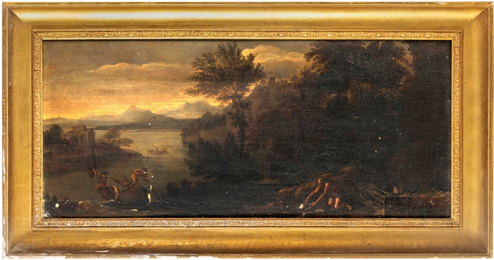 Manner of Domenico Zampieri, called il Domenichino, Lakeside Landscape with Boat and Figures,  Italy, 17th Century