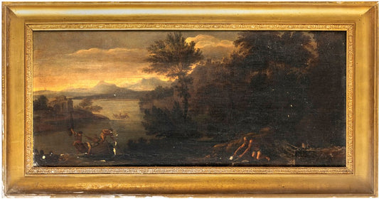 Manner of Domenico Zampieri, called il Domenichino, Lakeside Landscape with Boat and Figures,  Italy, 17th Century