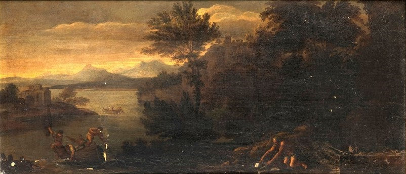 Manner of Domenico Zampieri, called il Domenichino, Lakeside Landscape with Boat and Figures,  Italy, 17th Century