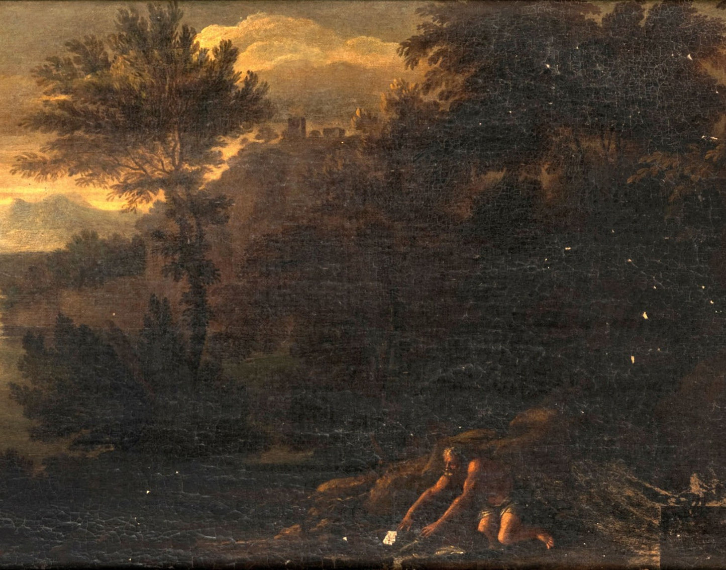 Manner of Domenico Zampieri, called il Domenichino, Lakeside Landscape with Boat and Figures,  Italy, 17th Century