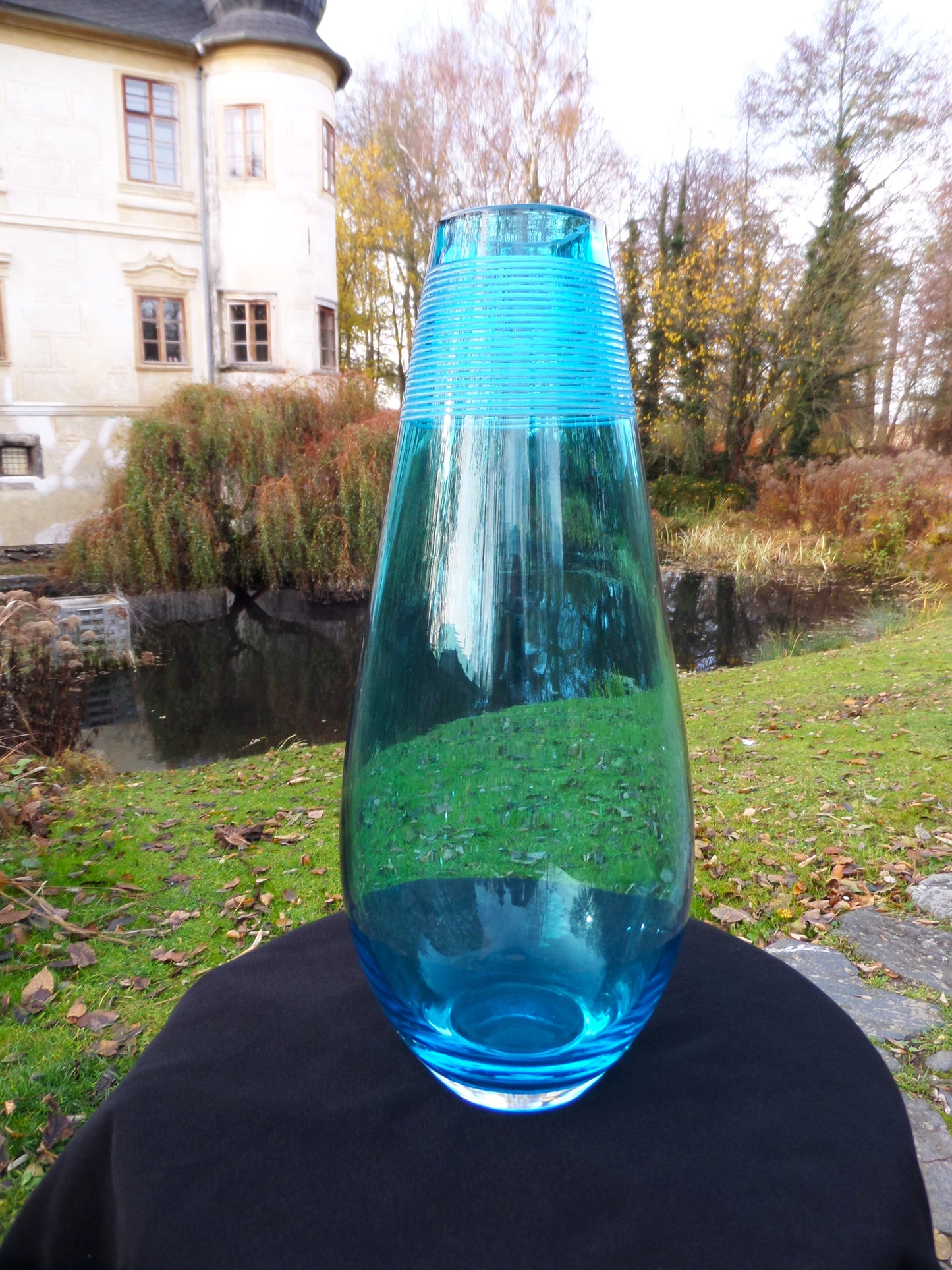 Tall Vintage Peacock Blue Glass Vase, late 20th Century