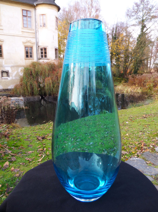 Tall Vintage Peacock Blue Glass Vase, late 20th Century