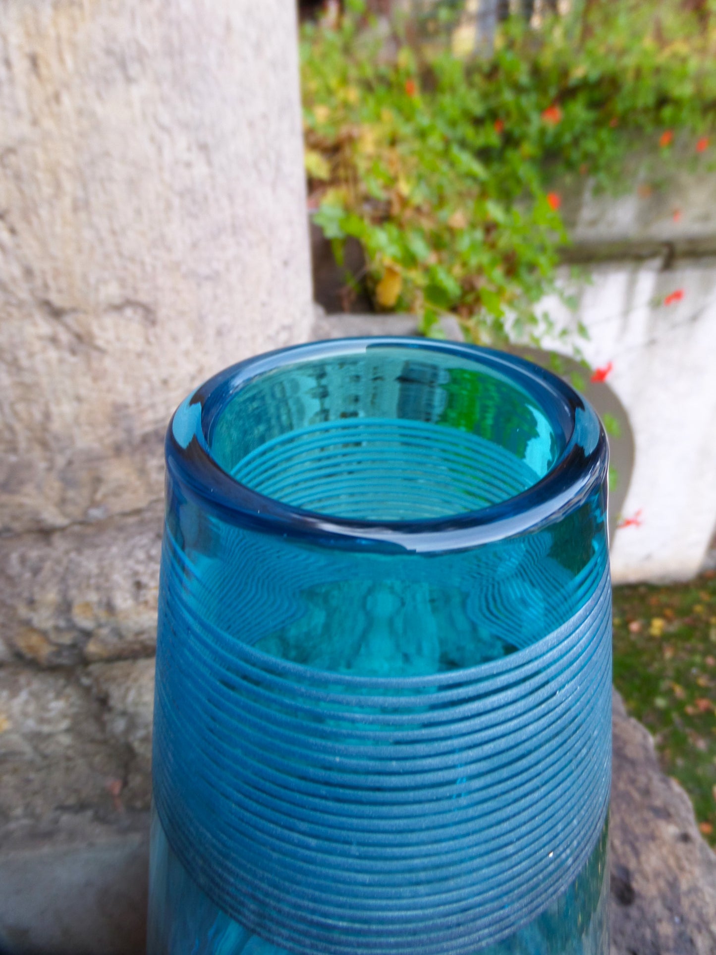 Tall Vintage Peacock Blue Glass Vase, late 20th Century