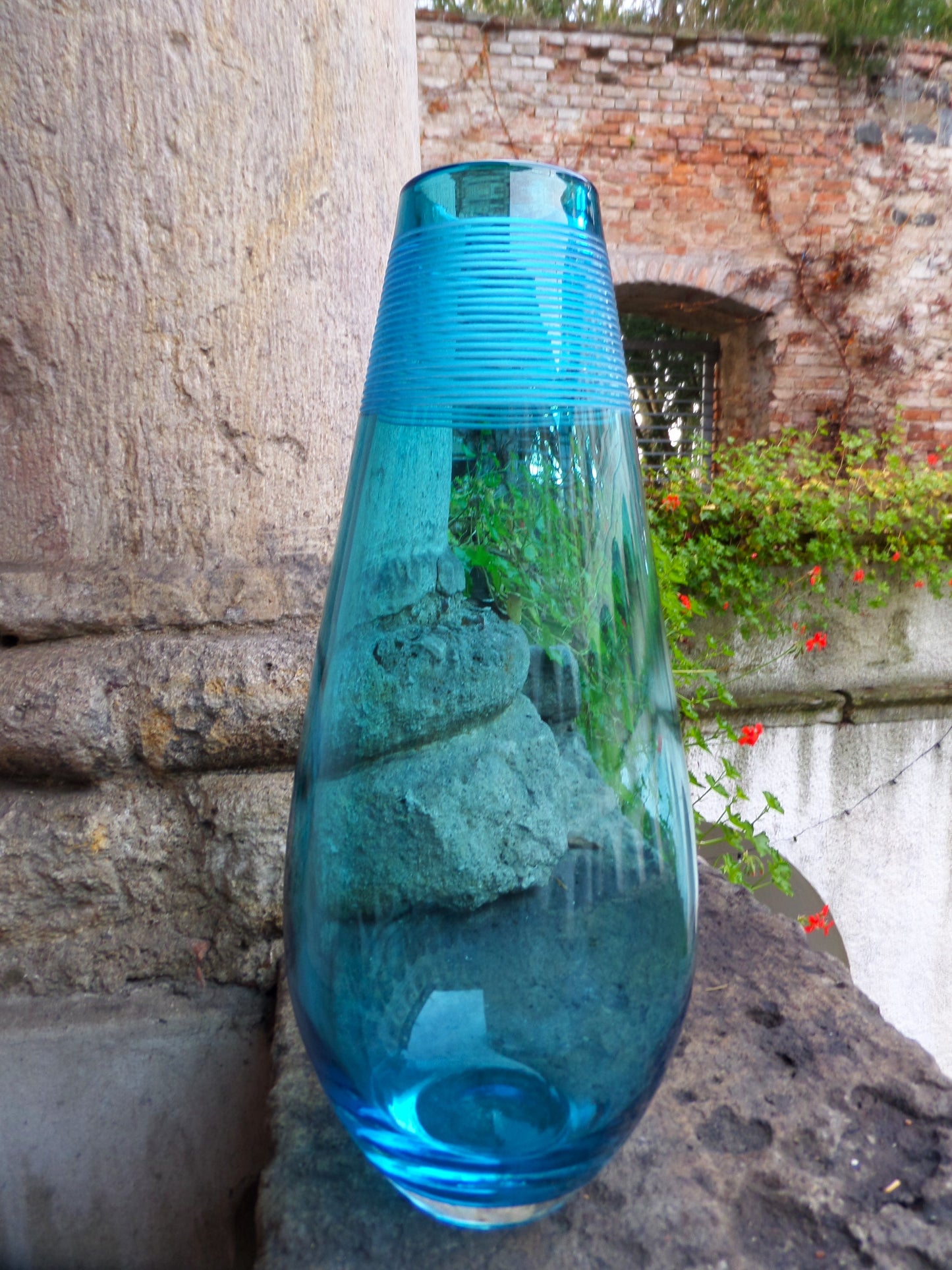 Tall Vintage Peacock Blue Glass Vase, late 20th Century