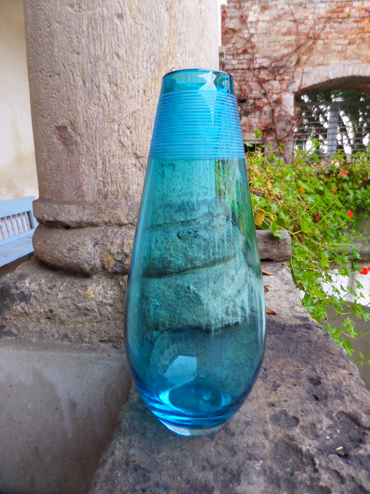 Tall Vintage Peacock Blue Glass Vase, late 20th Century