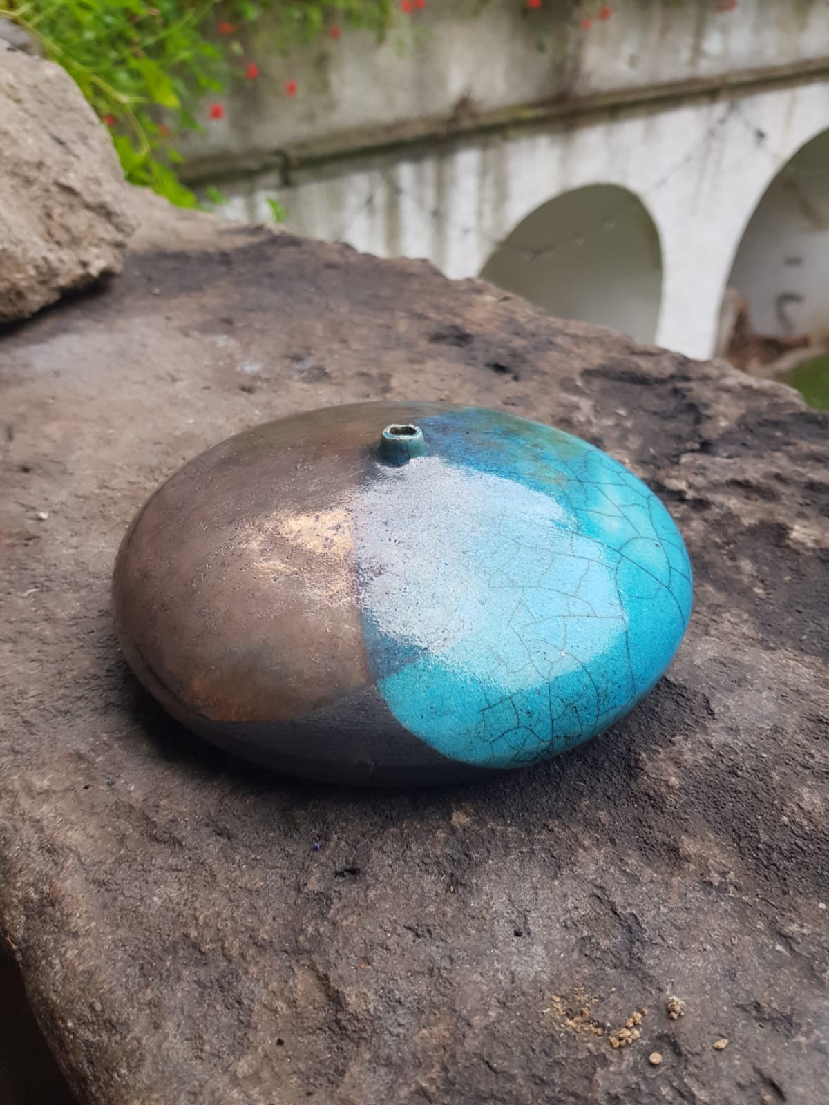 Vintage Raku Ceramic  Flat Glazed Vase, Holland, 1970s