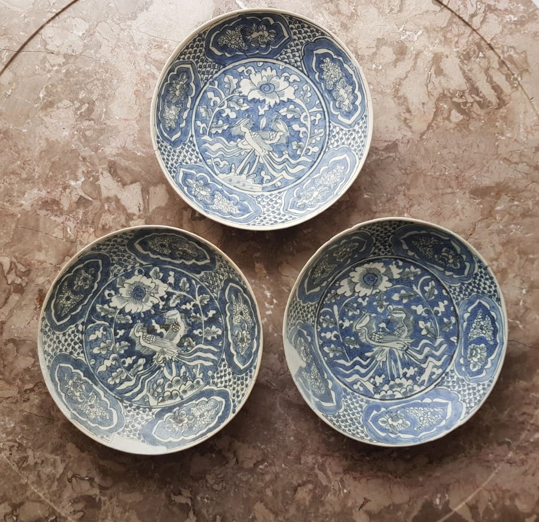 Set of 3 "Phoenix" Plate, Binh Thuan Shipwreck, Swatow, Ming Dynasty, China 1608