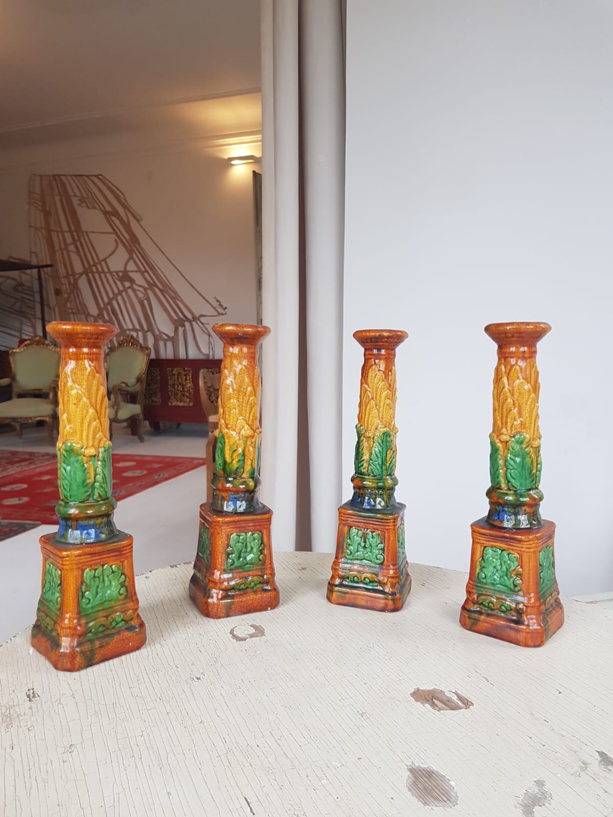 Set of 4 Antique Majolica Ornate Candlesticks, cca 1900