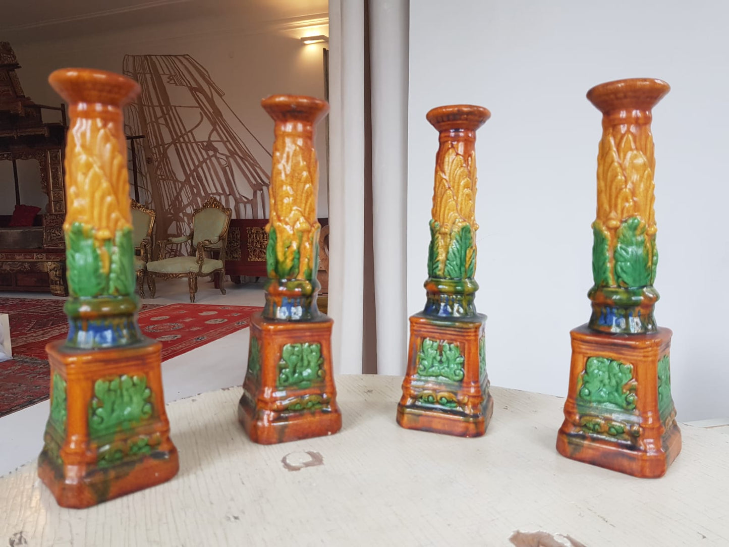Set of 4 Antique Majolica Ornate Candlesticks, cca 1900