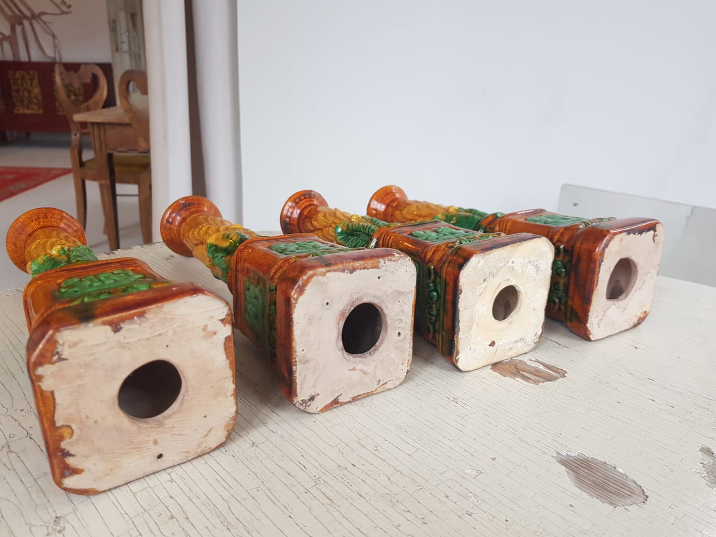 Set of 4 Antique Majolica Ornate Candlesticks, cca 1900