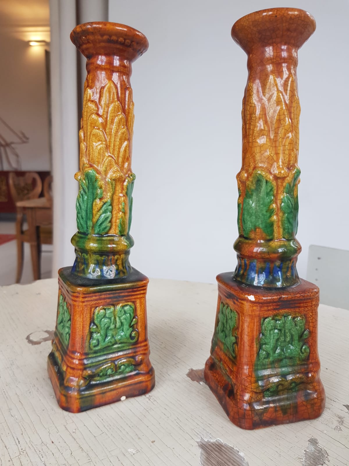 Set of 4 Antique Majolica Ornate Candlesticks, cca 1900