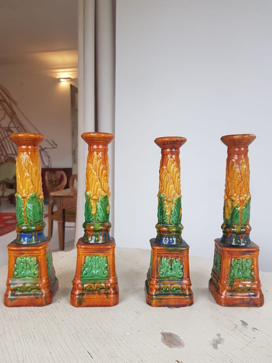 Set of 4 Antique Majolica Ornate Candlesticks, cca 1900