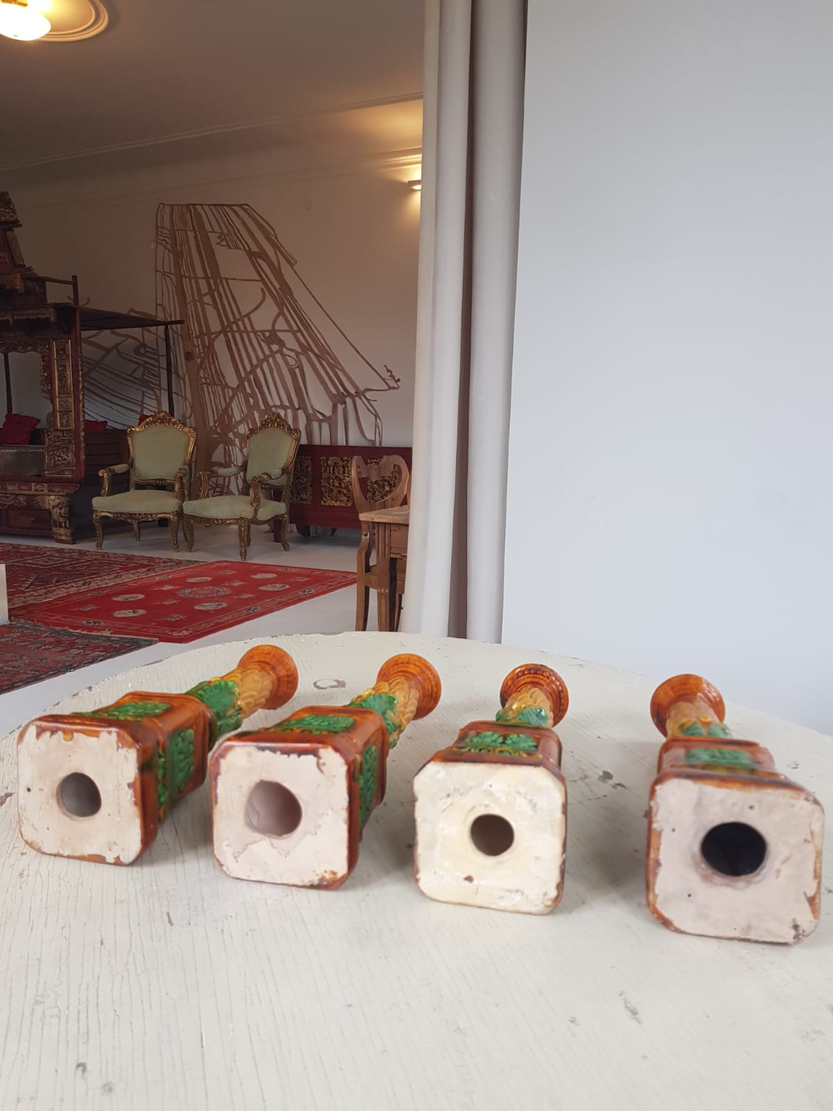 Set of 4 Antique Majolica Ornate Candlesticks, cca 1900