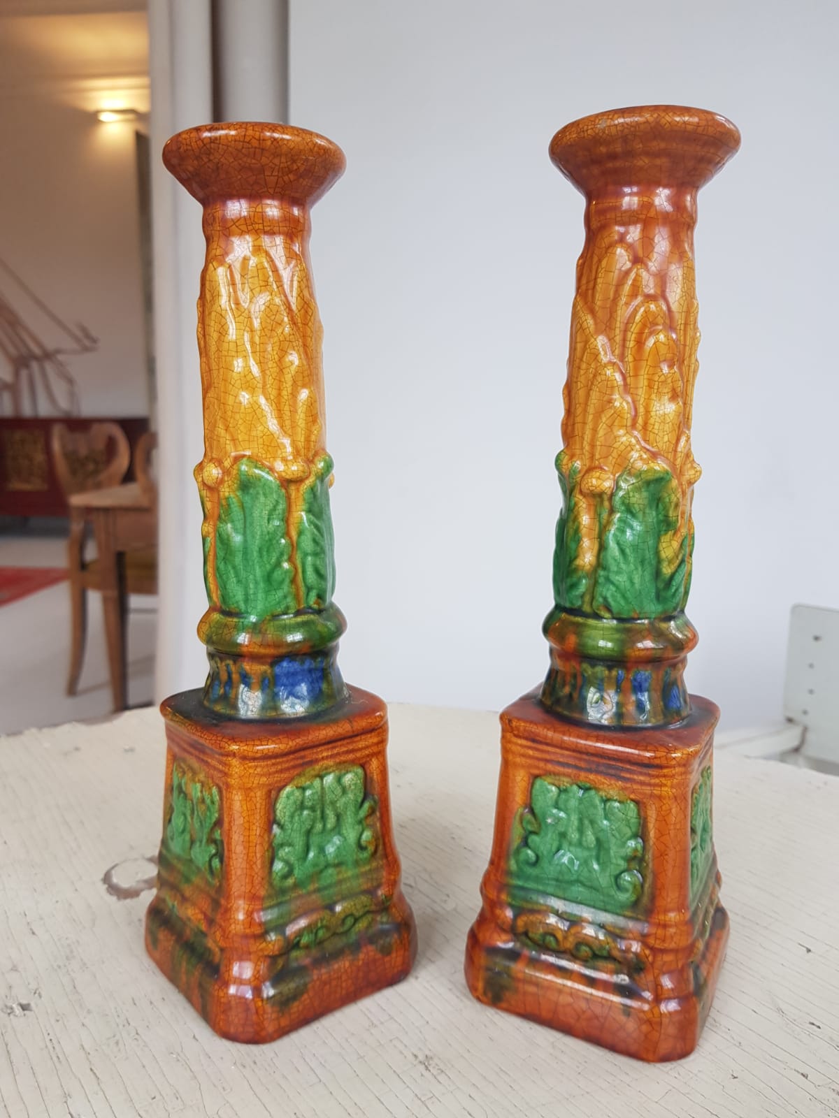 Set of 4 Antique Majolica Ornate Candlesticks, cca 1900
