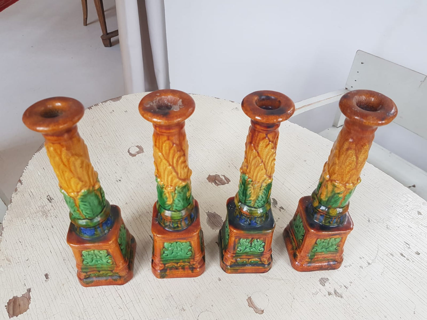 Set of 4 Antique Majolica Ornate Candlesticks, cca 1900