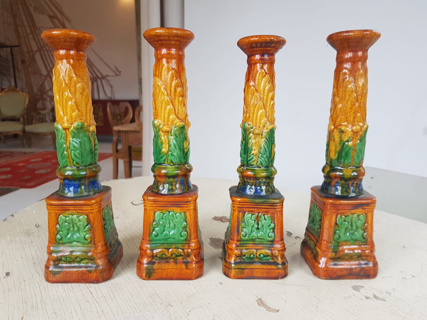 Set of 4 Antique Majolica Ornate Candlesticks, cca 1900