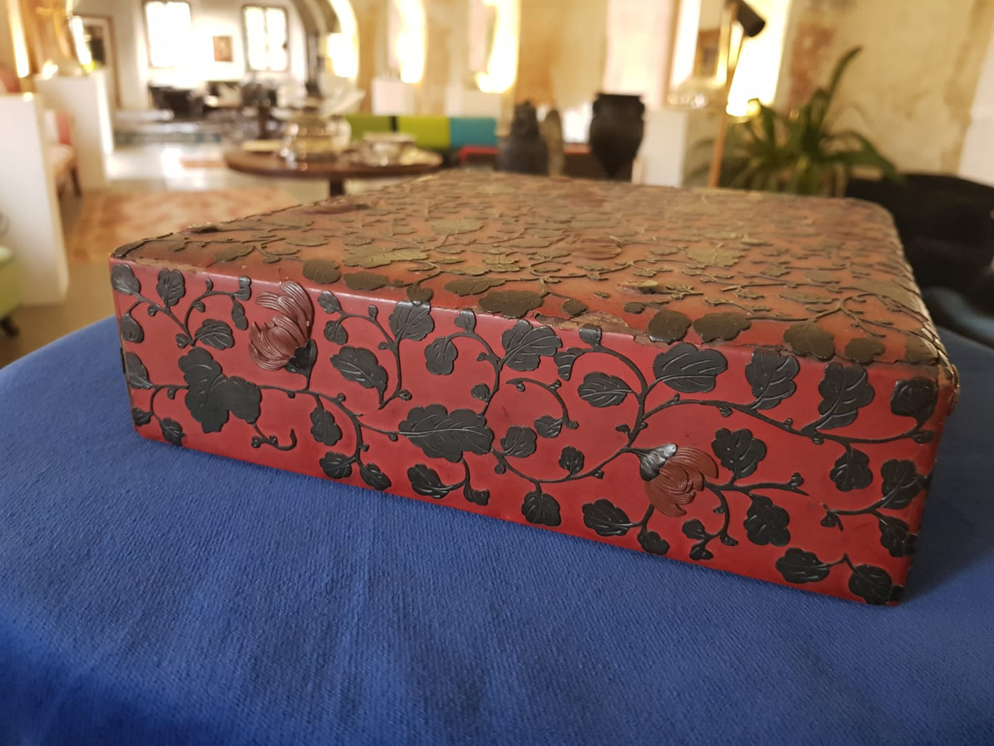 Antique Japanese Red Lacquer Box with Raised Floral Design, 19th Century