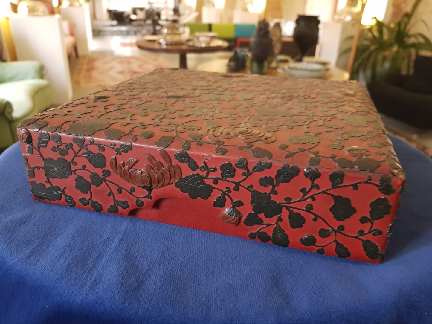 Antique Japanese Red Lacquer Box with Raised Floral Design, 19th Century