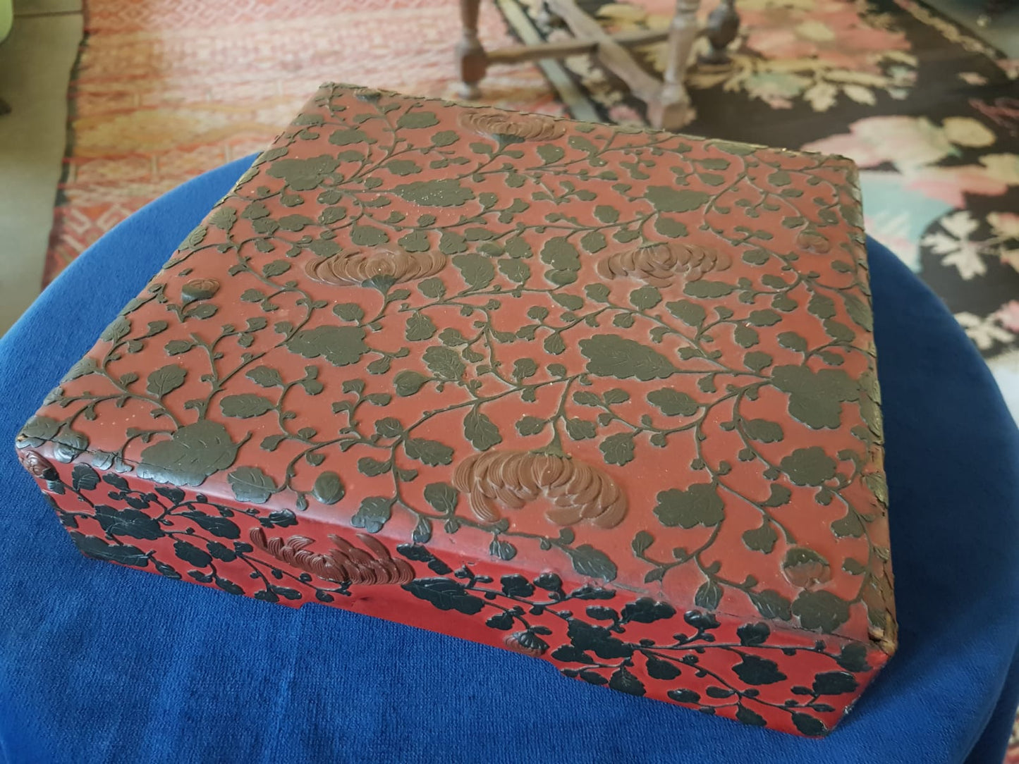 Antique Japanese Red Lacquer Box with Raised Floral Design, 19th Century