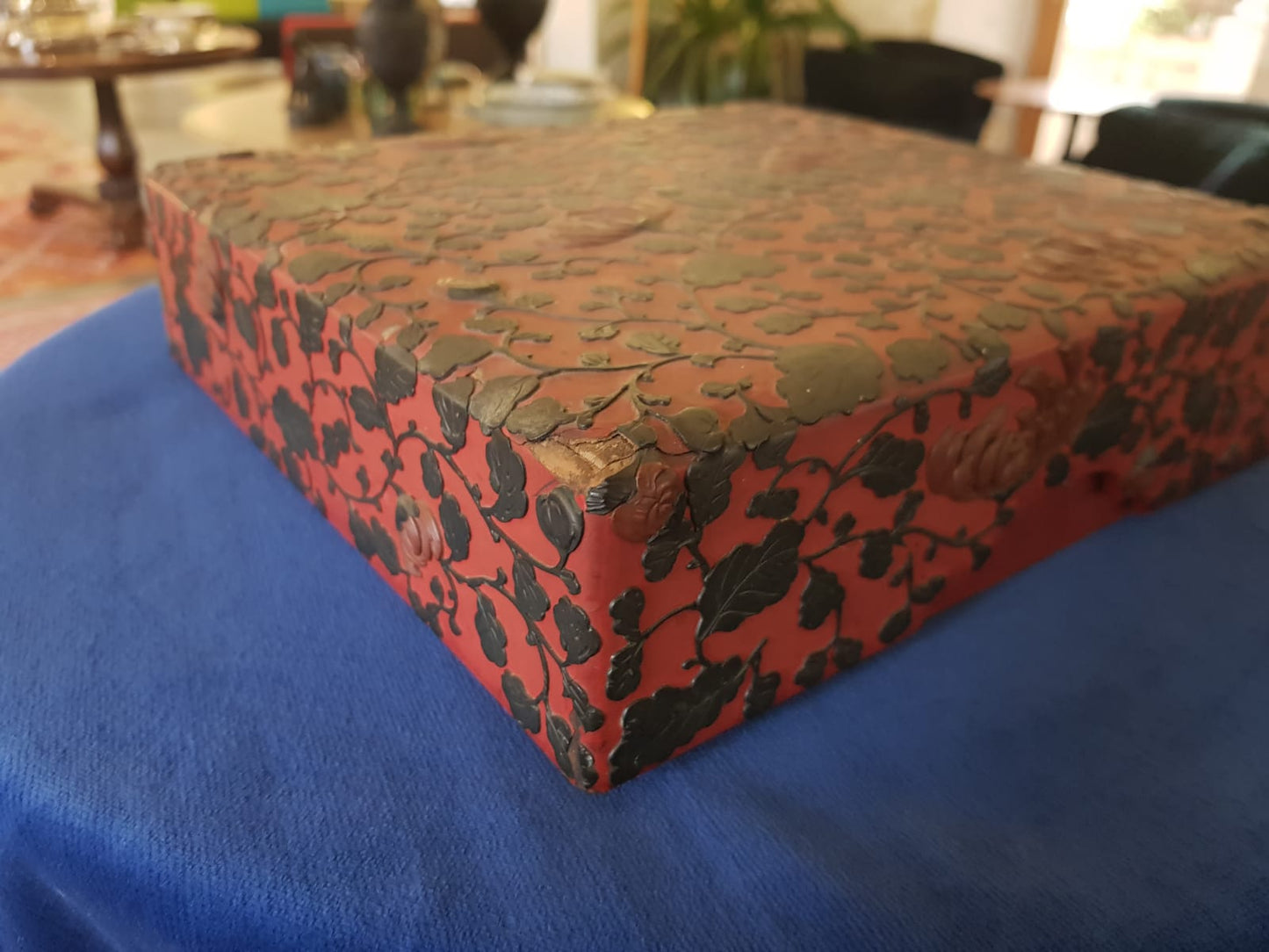 Antique Japanese Red Lacquer Box with Raised Floral Design, 19th Century