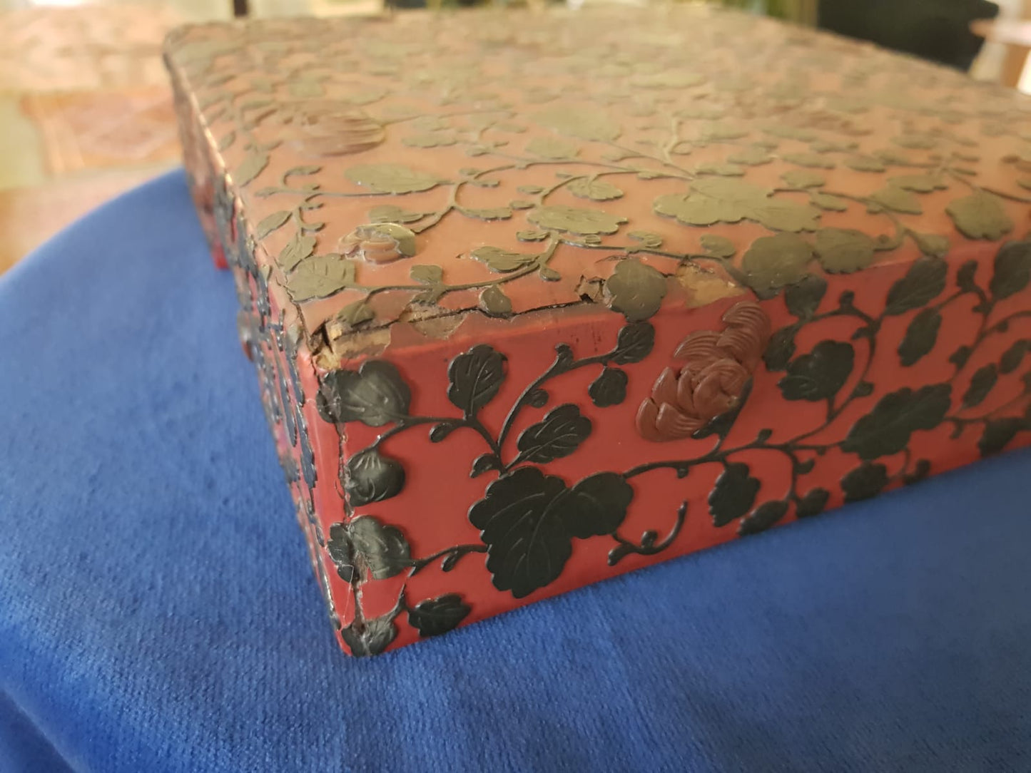 Antique Japanese Red Lacquer Box with Raised Floral Design, 19th Century