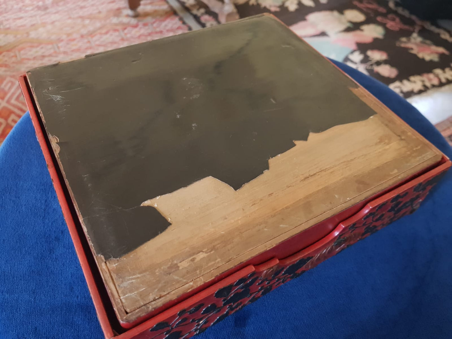 Antique Japanese Red Lacquer Box with Raised Floral Design, 19th Century