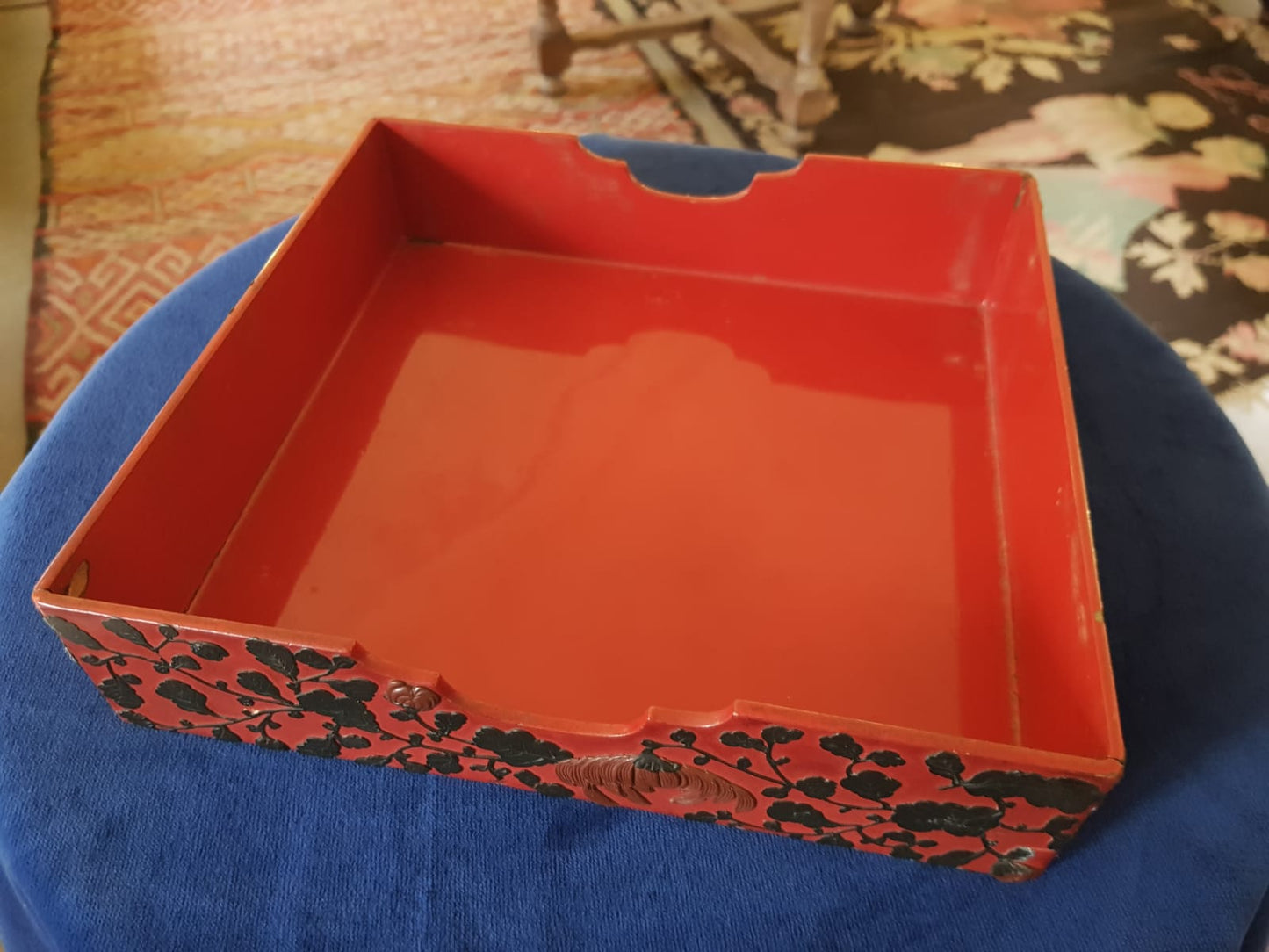 Antique Japanese Red Lacquer Box with Raised Floral Design, 19th Century