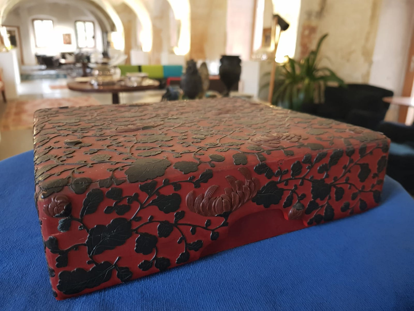 Antique Japanese Red Lacquer Box with Raised Floral Design, 19th Century