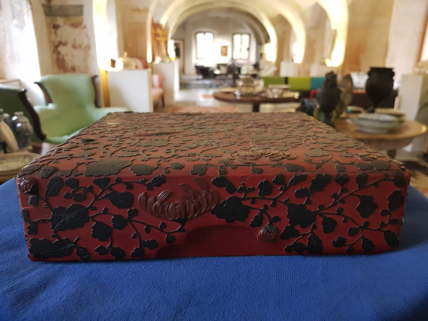 Antique Japanese Red Lacquer Box with Raised Floral Design, 19th Century