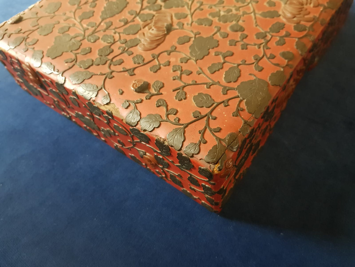 Antique Japanese Red Lacquer Box with Raised Floral Design, 19th Century