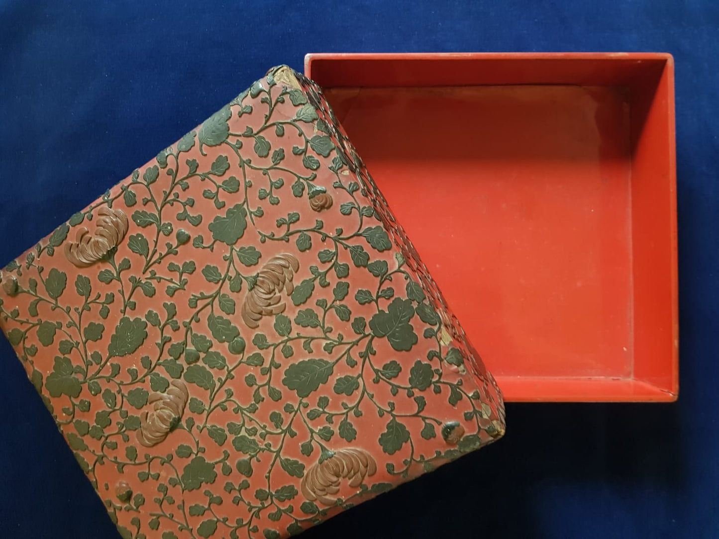 Antique Japanese Red Lacquer Box with Raised Floral Design, 19th Century