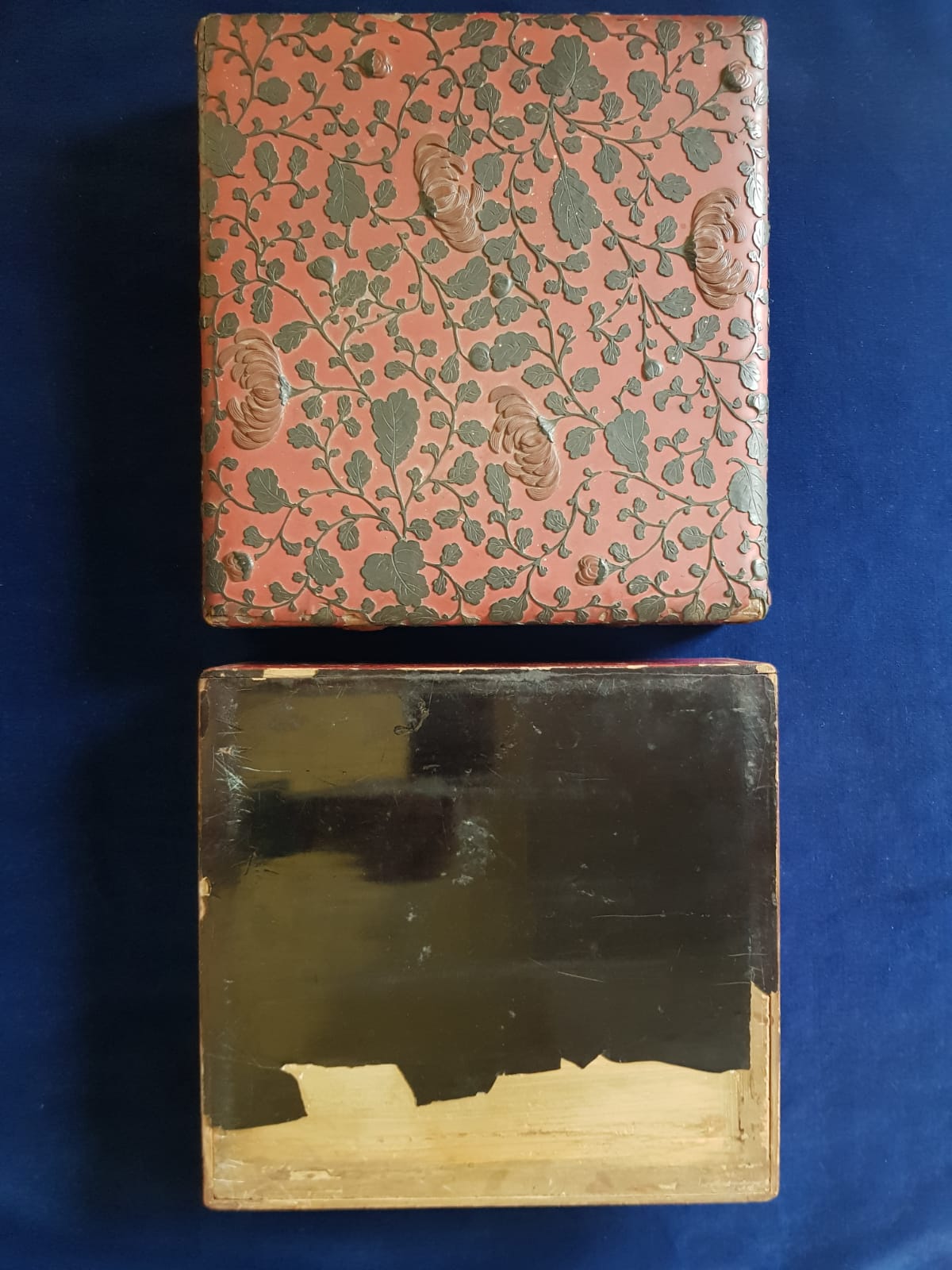 Antique Japanese Red Lacquer Box with Raised Floral Design, 19th Century