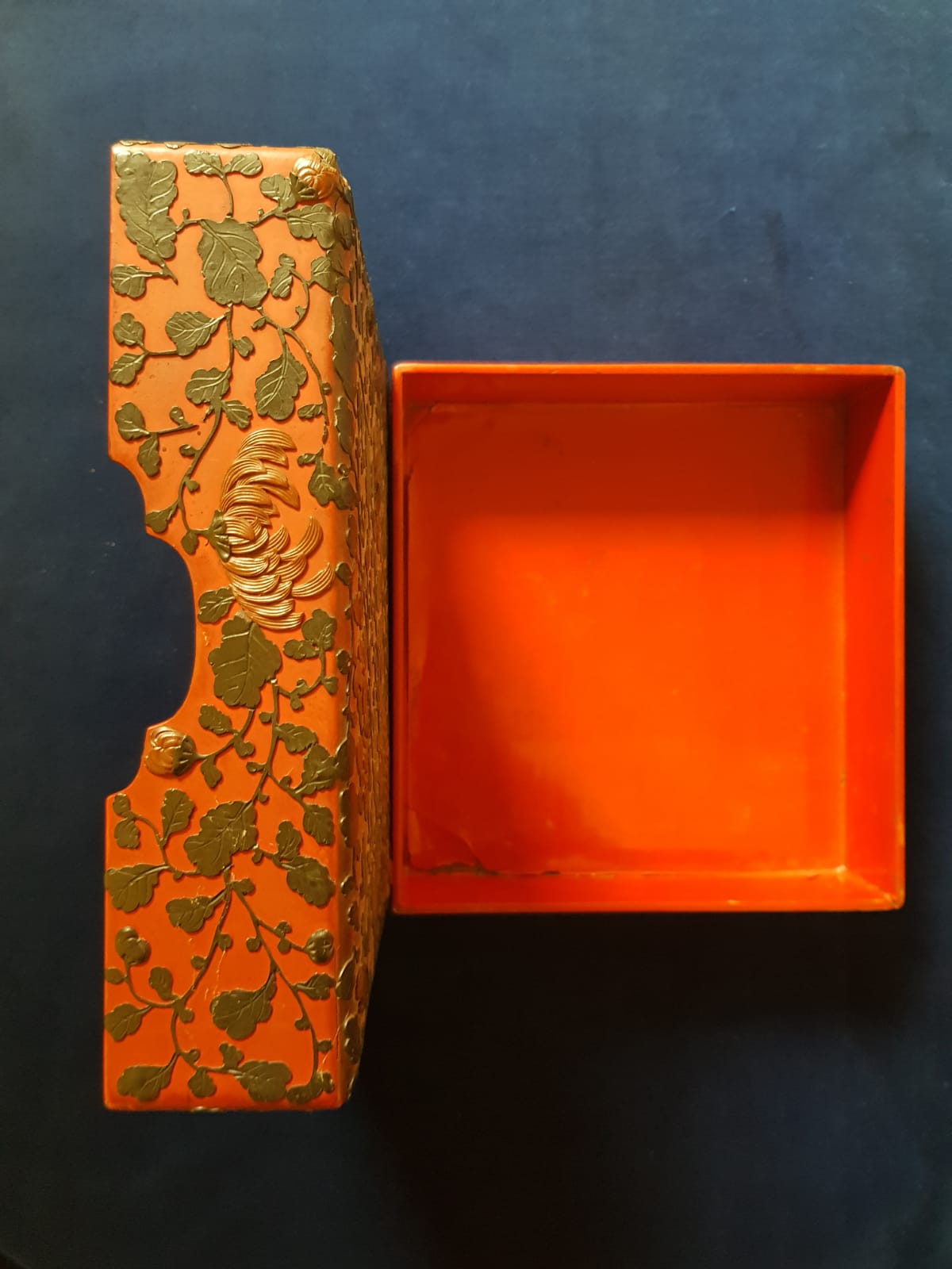 Antique Japanese Red Lacquer Box with Raised Floral Design, 19th Century