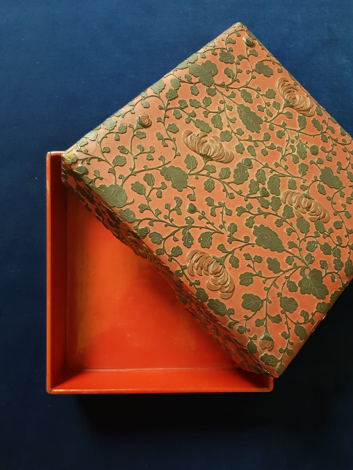 Antique Japanese Red Lacquer Box with Raised Floral Design, 19th Century