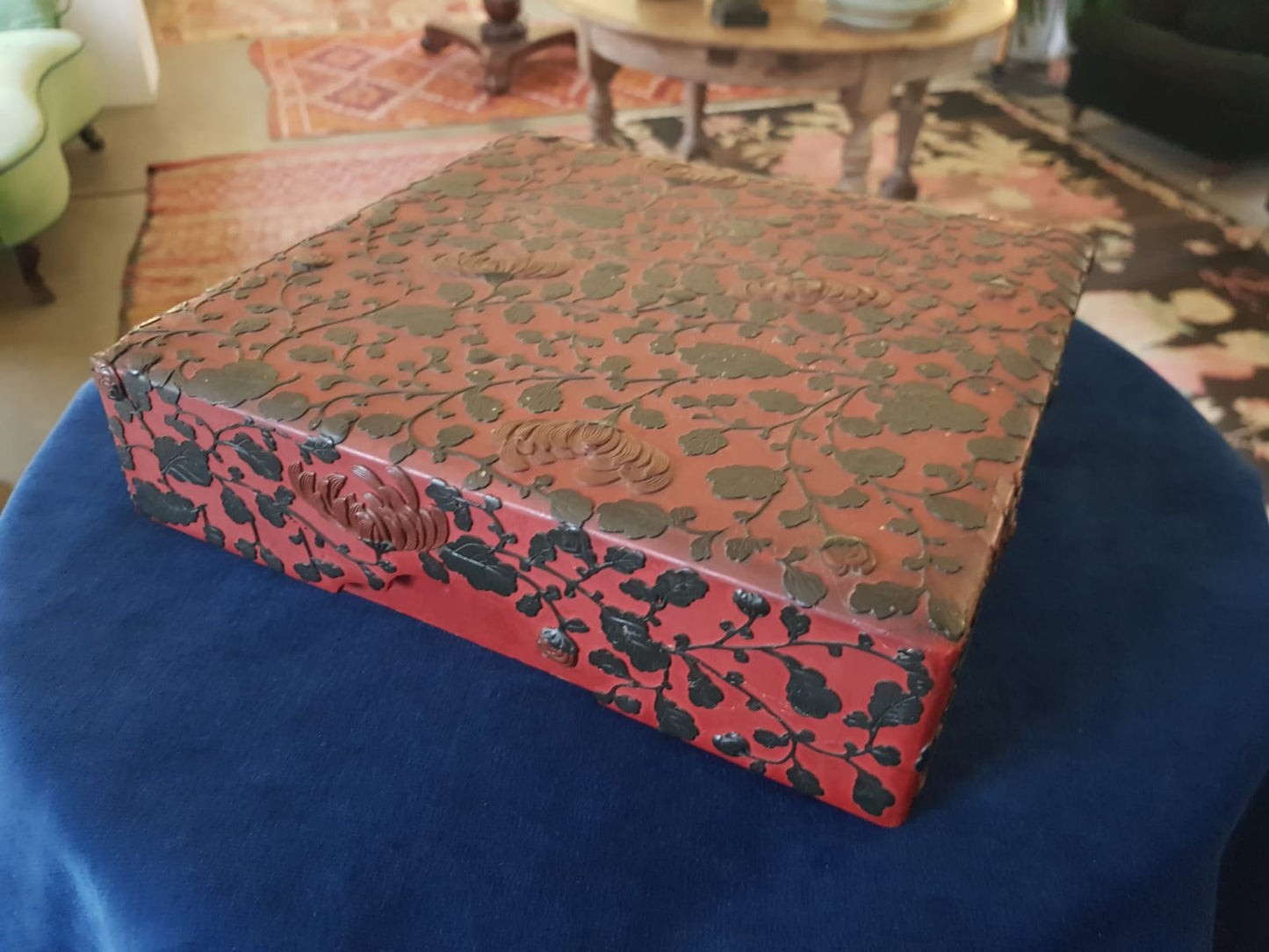 Antique Japanese Red Lacquer Box with Raised Floral Design, 19th Century