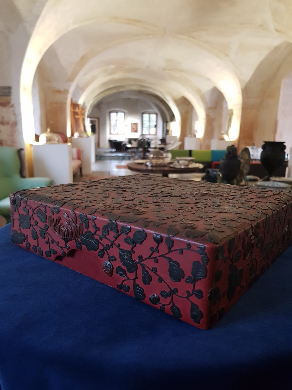 Antique Japanese Red Lacquer Box with Raised Floral Design, 19th Century