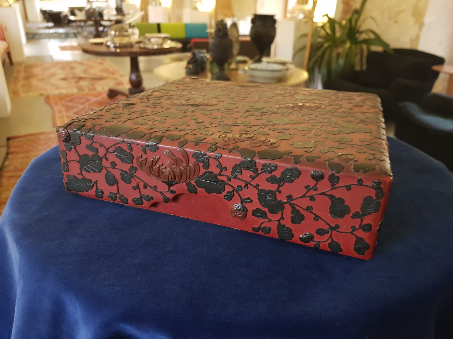 Antique Japanese Red Lacquer Box with Raised Floral Design, 19th Century