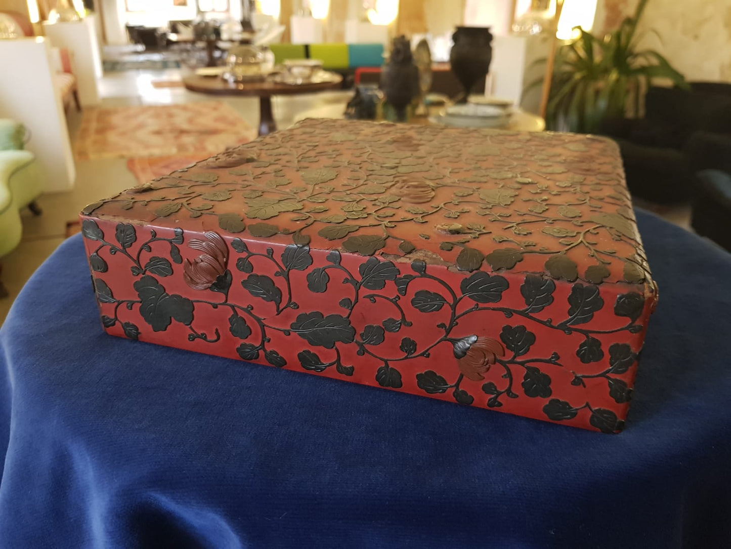 Antique Japanese Red Lacquer Box with Raised Floral Design, 19th Century