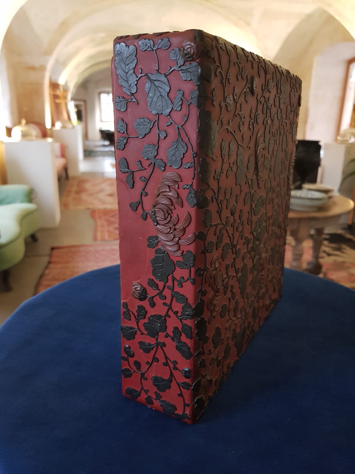 Antique Japanese Red Lacquer Box with Raised Floral Design, 19th Century