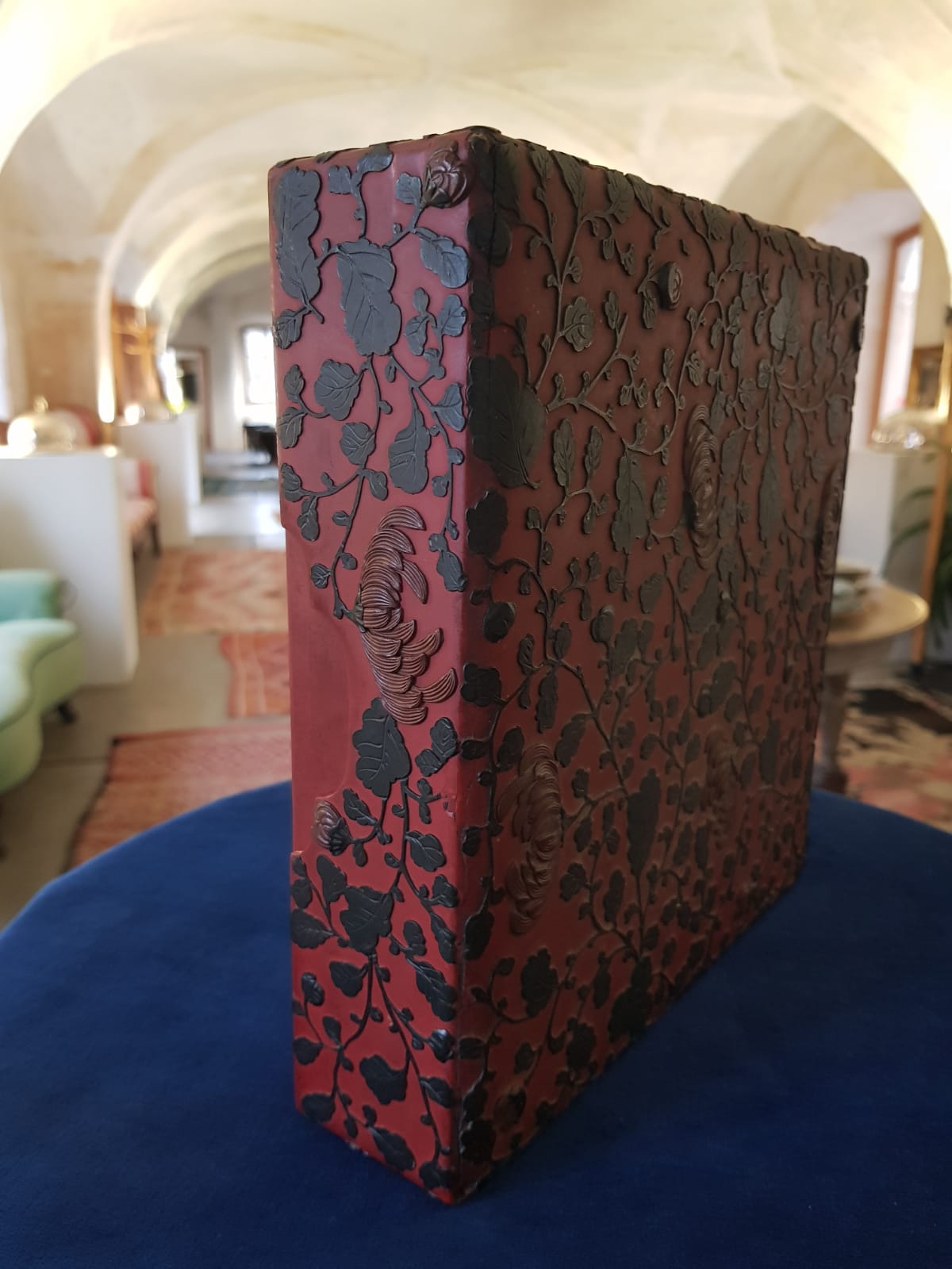 Antique Japanese Red Lacquer Box with Raised Floral Design, 19th Century