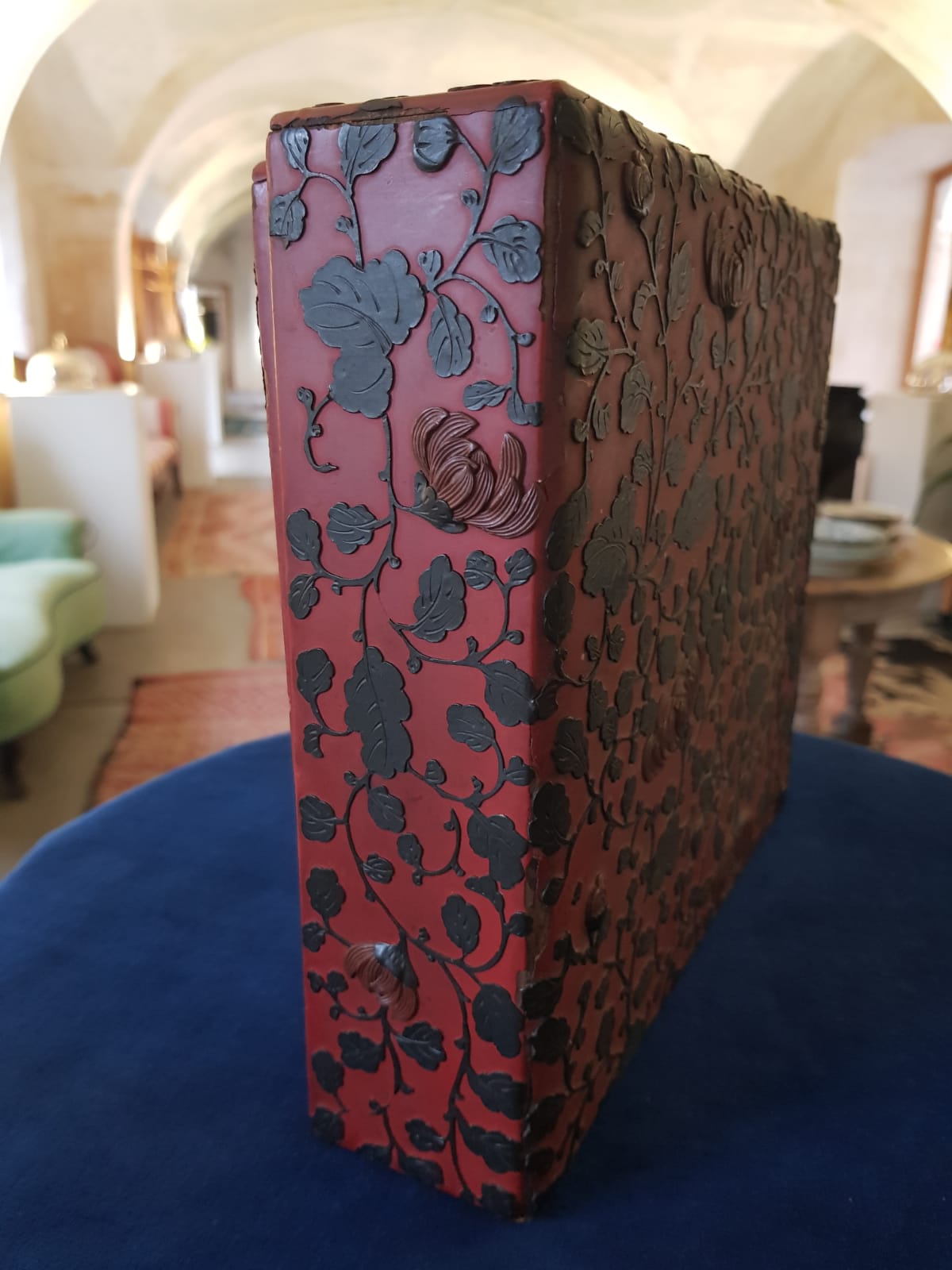 Antique Japanese Red Lacquer Box with Raised Floral Design, 19th Century