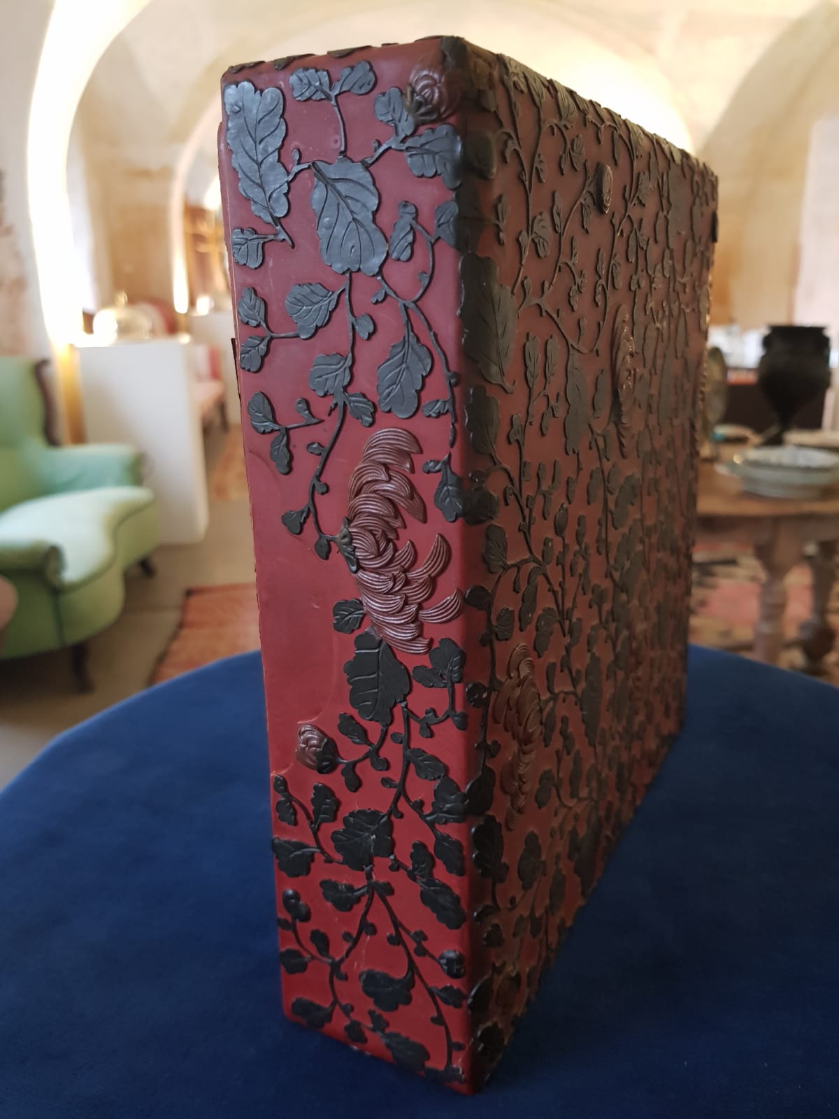 Antique Japanese Red Lacquer Box with Raised Floral Design, 19th Century
