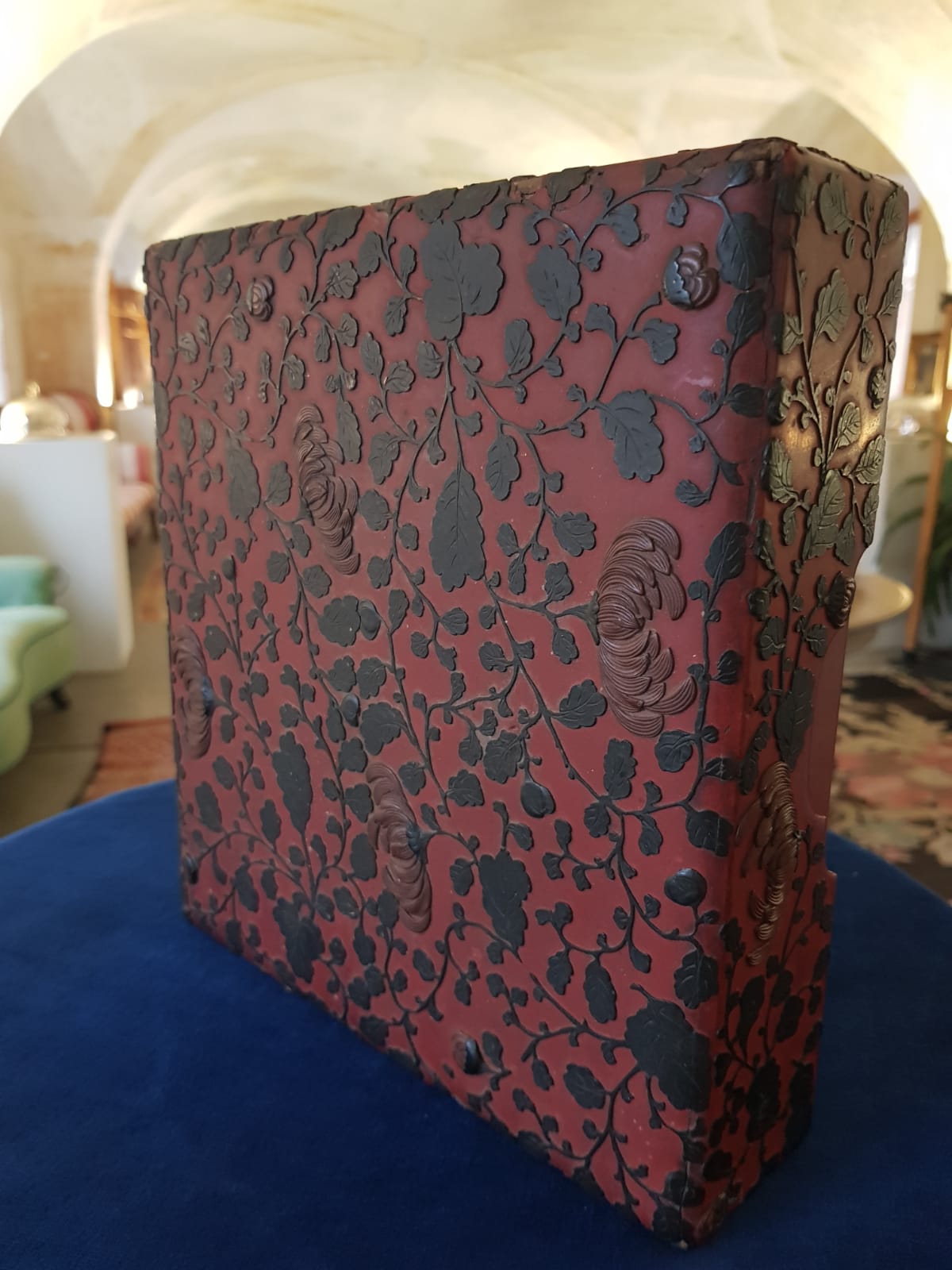 Antique Japanese Red Lacquer Box with Raised Floral Design, 19th Century